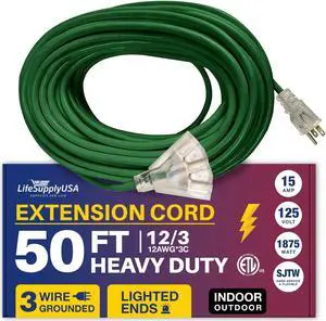 50FT Power Extension Cord Outdoor & Indoor - Waterproof Electric Drop Cord Cable - 3 Prong, 3-Outlet, SJTW, 12 Gauge, 15 AMP, 125 Volts, 1875 Watts, 12/3 - ETL Listed by LifeSupplyUSA - Green (1 Pack)