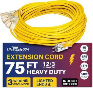 75FT Power Extension Cord Outdoor & Indoor - Waterproof Electric Drop Cord Cable - 3 Prong, 3-Outlet, SJTW, 12 Gauge, 15 AMP, 125 Volts, 1875 Watts, 12/3 by LifeSupplyUSA - Yellow (1 Pack)