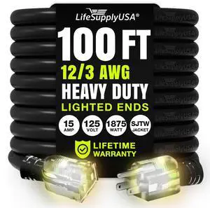 100ft Outdoor/Indoor Extension Cord 10/3 Gauge Ultra Heavy Duty 3 Prong SJTW, Waterproof, Flexible Cold-Resistant Long Power Cord,125 Amp 1875W, Black by LifeSupplyUSA