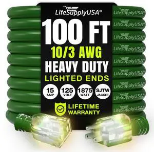 100ft Outdoor/Indoor Extension Cord 10/3 Gauge Ultra Heavy Duty 3 Prong SJTW, Waterproof, Flexible Cold-Resistant Long Power Cord,125 Amp 1875W, Green by LifeSupplyUSA