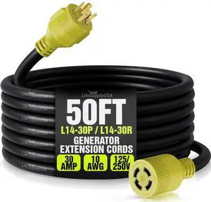 LifeSupplyUSA 50ft Generator Extension Cord 30 AMP 4-Prong (L14-30P / L14-30R) - 10AWG4 125/250V STW - Hook and Loop Strap ETL Listed