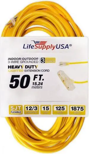 12/3 50 ft. Wire Gauge 3 OUTLET Tri-Source SJT Indoor Outdoor Vinyl LIGHTED Electric Extension Cord