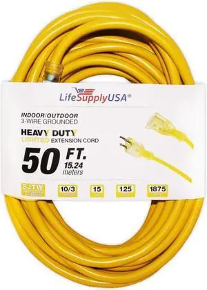 10/3 50ft SJTW Lighted End 15 AMP, 125V, 1875 Watt Heavy Duty Extension Cord (50 feet)