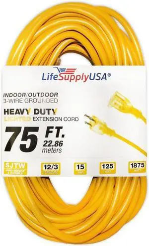 12/3 75ft SJTW 15 Amp 125 Volt 1875 Watt Lighted End Indoor/Outdoor Extension Cord (75 feet)