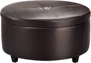 Homall Faux Leather Round Ottoman Comfortable Footrest Living Room Button Tufted Footstool 31.5'' Storage with Removable Lid (Brown)