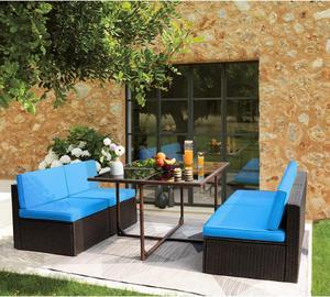 Homall 5 Pieces Patio Furniture Sets Outdoor Conversation Sets Wicker Patio Sectional Armless Sofa with Tempered Glass Table (Blue)