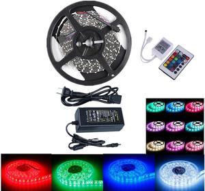 Flexible 12V Light LED Strip IP-44 Ul Listed Power Supply SMD 5050 RGB with 24 Key IR Controller Bedroom Sitting Room 5M US Plug