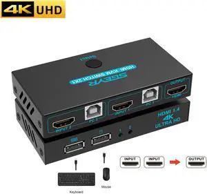 SGEYR 2x1 HDMI KVM Switch 4K 2 Port USB KVM Switch 2 PC 1 Monitor KVM Switch Keyboard Mouse Share Support 4Kx2K@30Hz 3D 1080P