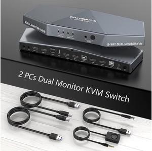KVM Switch 4K @60Hz 2 PCs Dual Monitor, Dual Monitor Suitable HDMI KVM Switch for 2 Computers + 2 Monitors with Audio, USB Powered, Hotkey Switch, 4K Monitor with Cables