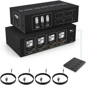 4x1 HDMI USB KVM Switch 4 Port, 4K@60Hz HDMI 4 in 1 Out KVM USB Switch One-Button Switch 4 Computers Share Keyboard Mouse Printer Monitor with 4x USB Cable,1x Controller,1x Power Cable