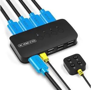 4 Ports HDMI KVM Switch, HDMI USB Selector for 4 Computers Share Keyboard Mouse Printer and One HD 4K@30Hz Monitor, Including 4 KVM Cables