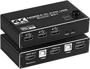 HDMI 2.0b KVM Switch USB 2 Port 4K HDMI, 2 Computers Share One Monitor 2x1 HDMI KVM Switch, 3 USB 2.0 Hub, Ultra HD 4K@60Hz, HDCP 2.2, Support Wireless Keyboard and Mouse