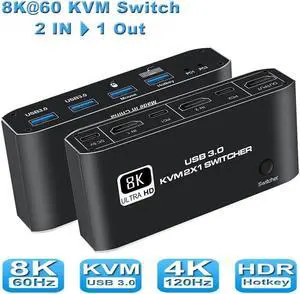 2 in 1 Out HDMI KVM Switch, 8K USB Switch 2x1 HDMI2.1 Ports + 4x USB3.0 KVM Ports, Share 2 Computers one Monitor Switch,Supports 8K @60Hz,4K @120Hz,YUV 4:4:4, HDCP 2.3, H-D-R 10, Hotkey, Darkish