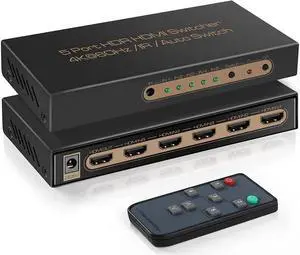 4K @60HZ HDMI Switch 5x1, HDMI 2.0 Switch 5 in 1 Out, 4K HDMI Switch with Remote Control Support Auto Switch, 3D, HDR 10, 18Gbps, HDCP 2.2 for PS5, Xbox, DVD, Monitor