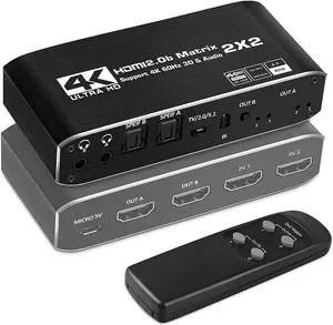 HDMI Matrix 2x2, 4K@60Hz HDMI Matrix Switcher 2 in 2 Out with Optical & L/R Audio Extractor, HDMI Video Switch Splitter Support IR Remote, Auto Scaling HDMI 2.0b/HDCP 2.2, RGB 8:8:8, 18.5Gbps, HDR, 3D
