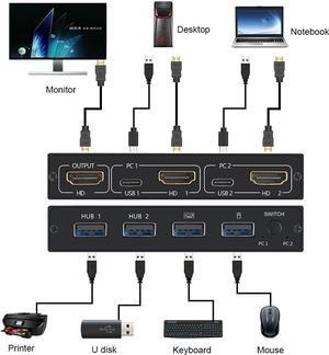 2 In1 Out 4KX2K USB HDMI KVM-compatible Switch Box for 2 PC Sharing Keyboard Mouse Printer Video Display USB Swltch Splitter