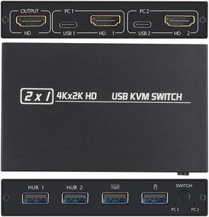 USB KVM Switch USB 2.0 Switcher HDMI-compatible KVM Switch 2 In 1 Out 4K for 2 PC Sharing Keyboard and Mouse EDID / HDCP Printe