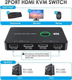 KVM switch for 2 computers to share keyboard, mouse, printer, high-definition display USB/HDMI