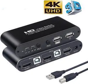 KVM HDMI Switch USB Switch 4K HDMI Switcher Box 2 In 1 Out for 2 Computers Share Keyboard And Mouse Support 4K@30Hz 3D