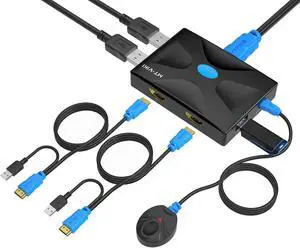 4K HDMI KVM Switch 2 Port, KVM Selector for 2 PCs Share Keyboard Mouse and Monitor +2 HDMI KVM Cables + Wire-Desktop Controller