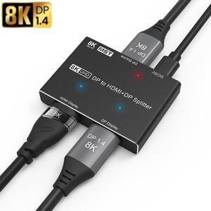 UHD Video Splitter Displayport to Displayport 1.4&HDMI 2.1-Compatible 1x2 MST SST Hub 8K@30Hz 4K@120Hz 2K@240Hz 3D HDR 4:4:4