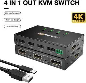 4 Ports KVM Switch HD 4K Scanner USB KVM Switch 4 In 1 Out Shared Keyboard Mouse Display Key Switch RS232 Serial Port Control
