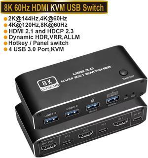 HDMI 2.1 KVM Switch HDMI USB 3.0 KVM Switch 8K 1080@240Hz USB KVM Switcher for Shared Indicator Keyboard And Mouse Printer