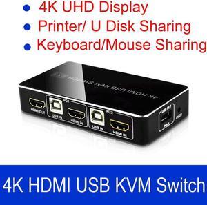 4K 2x1 HDMI Switcher Splitter USB KVM Switch Box Video Converter for 2 PC Computer Sharing 1 Printer Keyboard Mouse U Disk