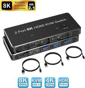 2 Port 8K HDMI KVM Switch HDMI-compatible USB Switcher 8K @60Hz 4K @120Hz with USB port HDCP for PS4 PS5 pro 8K HDTV PC Printer