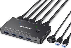 KCEVE USB3.0 KVM Switch HDMI 2 Ports 8K 60Hz HDMI 2.1 KVM Switch for 2 Computers 1 Monitor and 4 USB 3.0 Ports,,HDCP 2.3, HDR 10