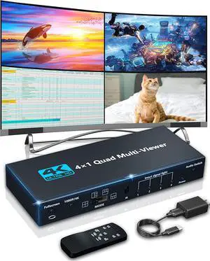 HDMI Multiviewer Switch 4x1 HDMI Quad Seamless Switcher 4 in 1 Out Support 4K 30Hz 5 View Modes for PS4 Camera PC To TV Monitor