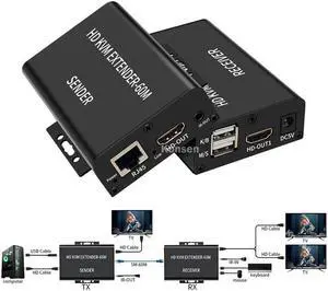 New Upgrade 60M HDMI KVM Extender with Dual HDMI Out 1080P HDMI KVM Extender over Single Cat5e/6 RX Support Connect 2 Monitors