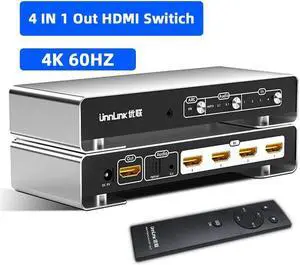 HDMI Switch 4 In 1 4K 60 Hz Switcher Out with 5.1 4x1 Optical 3.5mm Audio Converter for PS5 Xbox Laptop Amplifier TV