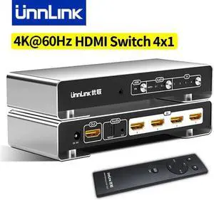 Unnlink HDMI Switch 4x1 4K@60Hz Switcher 4 In 1 Out with 5.1 Optical 3.5mm Audio Converter for PS5 Xbox Laptop Amplifier TV