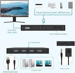 4 In1 Out 4K Video KVM Switch USB Mouse Keyboard Printing HDMI-Compatible Sharing USB Hub