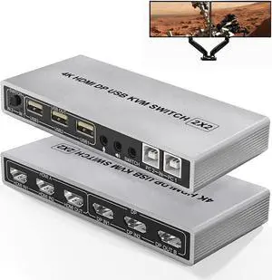 Dual Monitor DisplayPort HDMI KVM Switch 2x2 4K@60Hz 2-Port Extended Display 2 in 2 Out DP HDMI KVM Switch 2 Monitors 2 Computer