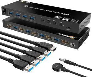 4 Port Support USB 3.0 KVM Switch, USB Hub HDR EDID HDMI USB Switch 4 in 1 Out and 4 USB 3.0 Port for Keyboard Mouse Print