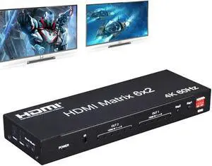 6x2 HDMI Matrix 4K 60hz HDMI 2.0 Video Converter Splitter Switch with Audio Extractor 1 2 3 4 5 6 In 2 Out for PS4 PC TV Monitor