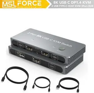 KVM Switch Dual Monitors 2 Laptop with USB-C to DP1.4 Video Output 8K60Hz 4K@144Hz DisplayPort Monitor with 3xUSB3.0 Data HUB