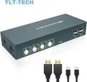 KVM Switch HDMI KVM Switches 4 Port 4K@30Hz USB2.0 4 PC 1 Monitor Switch,Hotkey Switch,With 4 HDMI Cables and 4 USB Cables