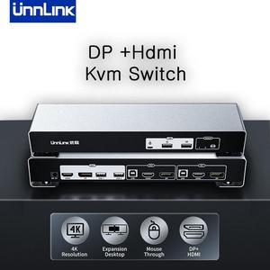 Unnlink KVM Switch HDMI+DP Switch KVM 4K Dual Monitor 2x2 Sharing  2 Hdmi 2 Display 4 USB For Mouse Keyboard Printer Udisk