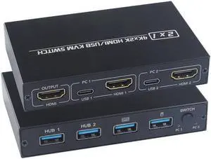 4K KVM Switch HDMI-compatible 2 Port Box USB for Shared Monitor Keyboard and Mouse Adaptive EDID / HDCP Printer Plug and Play