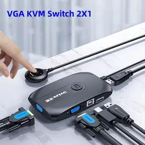VGA KVM Switch 2X1 1080P Switcher with Extender 2 Computer Laptop Share 1 Monitor 3 USB 2.0 Mouse Keyboard Printer Udisk