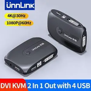 Unnlink 2X1 DVI KVM Switch 4K DVI 24+1/24+5 Switcher 2 Computer Sharing 1 Monitor 4 USB 2.0 for Mouse Keyboard Printer