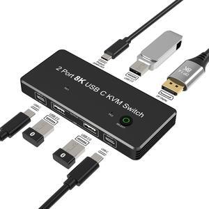 Thunderbolt 3/4 KVM Switch USB-C to Displayport With 3 Port USB2.0 8K@60Hz 4K@144Hz DP 1.4 for Monitor Mouse Keyboard Printer