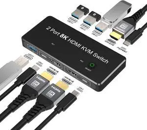 KVM Switch HDMI-compatible 8K@60hz 2 Port Box USB and HD Switch for 2 Computers Share Keyboard Mouse Printer and one HD Monitor