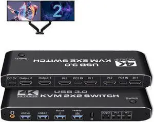 Dual Monitor HDMI KVM Switch 2x2 USB3.0 HDMI KVM Switch 2 in 2 out 4K 60Hz 2x2 Mixed Display 2 Monitors 2 Computer for PC laptop