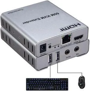 60m KVM HDMI Extender Over Cat5/6 Rj45 Ethernet Cable HDMI KVM Switch Audio Video Converter Support Keyboard Mouse Control PC