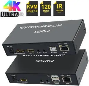 4K 120M HDMI KVM Extender over Cat5e/6 Rj45 Ethernet Cable HDMI USB Extender with Loop-out Audio IR Support USB Keyboard Mouse