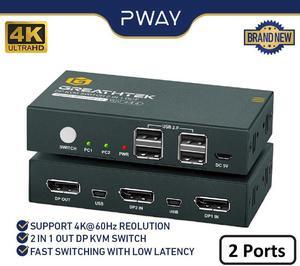 PWAY USB KVM Switch Keyboard And Mouse Splitter With 2 DP Port Support 4K@60Hz 2 In 1 Out and USB Hub For PC Macbook Laptop